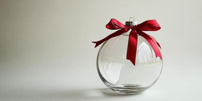 A clear glass ornament with a red ribbon sitting on a white surface during daylight hours photo