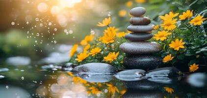 Serene stack of stones beside vibrant yellow flowers in a tranquil garden at sunset photo