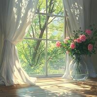 Soft morning light illuminates pink roses in a vase near sheer curtains by a window photo