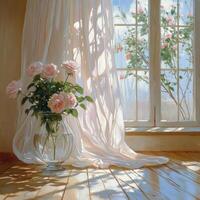 Soft morning light illuminates pink roses in a vase near sheer curtains by a window photo