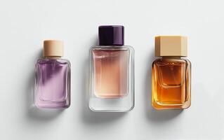 Elegant collection of three perfume bottles with soft lighting highlighting their unique designs photo