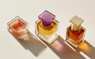 Elegant collection of three perfume bottles with soft lighting highlighting their unique designs photo