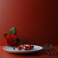 Romantic dinner setting with red rose and heart shaped decorations against a red backdrop photo