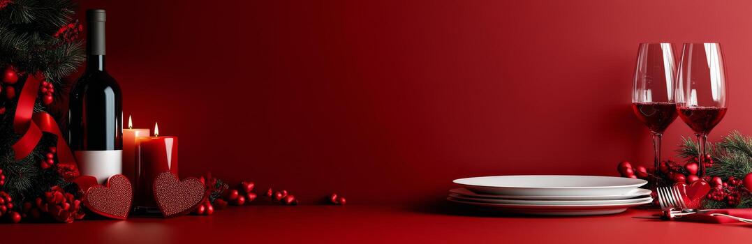Elegant dining setup with plate, wine, fork, and hearts on a red table for romantic occasions photo