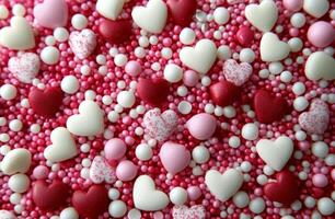 Colorful heart shaped sprinkles in various shades creating a festive display for celebrations photo