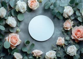 Elegant arrangement of light pink roses and greenery surrounding a blank circular canvas photo
