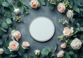 Elegant arrangement of light pink roses and greenery surrounding a blank circular canvas photo