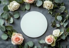 Elegant arrangement of light pink roses and greenery surrounding a blank circular canvas photo