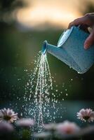Watering delicate flowers with a blue can during twilight in a serene garden setting photo