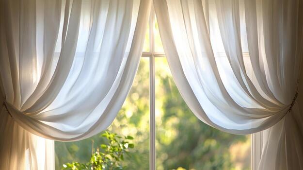 Sunlight streaming through sheer curtains illuminating houseplants in a cozy window setting photo