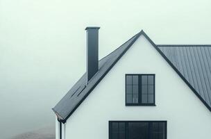 A minimalist white house with a sleek roof design against a cloudy sky in a serene landscape photo