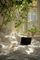 Cozy bedroom with natural light, a laptop on the bed, and a plant by the window photo