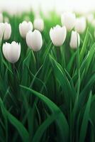 White tulips blooming in a lush green field during spring season under bright sunlight photo