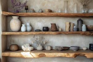 Natural clay and ceramic pottery displayed on rustic wooden shelves in a minimalist interior space photo
