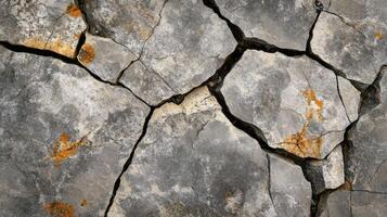 Cracked and Weathered Stone Surface with Orange Lichen photo