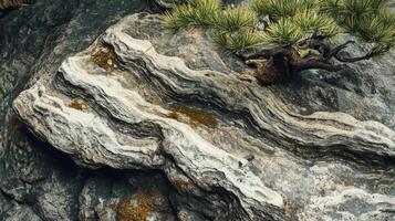 Wavy Rock Formation with Evergreen Branches photo