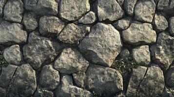 Close-up of a Rough Stone Wall with Green Patches photo