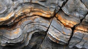 A Close-Up of Wavy, Layered, Gray and Orange Rock Formation photo