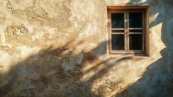 A weathered window on a sunlit plaster wall photo