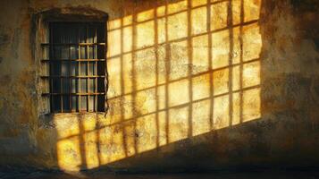 A Barred Window Casts a Shadow on a Weathered Wall photo