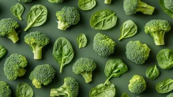 Broccoli and Spinach Pattern on a Green Background photo