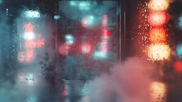 Blurry City Lights Reflected Through Wet Window Pane photo