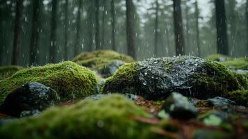 Mossy Rocks in a Rain-Soaked Forest photo