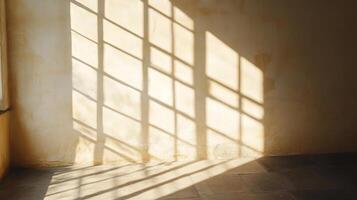 Sunlight Casting Windowpane Shadows on a Beige Wall and Tile Floor photo