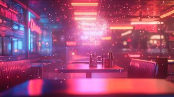 Empty Booth in a Neon-Lit Bar with a Glowing Orb photo