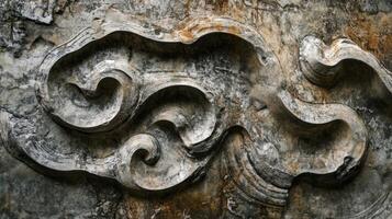 Carved Stone with Swirling Patterns and Depressions photo