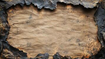A burnt and weathered paper frame with a blank center photo