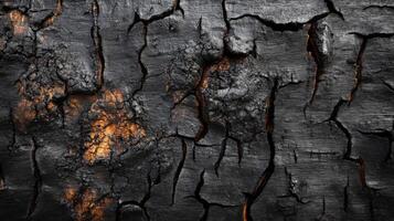 Close-up of charred wood with cracks and a hint of orange photo