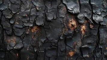 Close-up Texture of Charred Tree Bark with Subtle Golden Hues photo