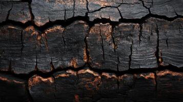 Close-up of charred wood with deep cracks and an orange tint photo