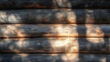 Sunlit Log Cabin Wall with Tree Shadows photo