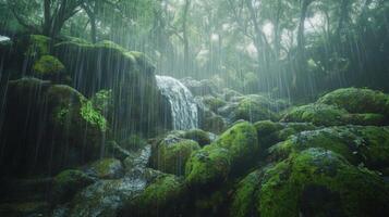 Moss-Covered Rocks and a Waterfall in a Rain-Drenched Forest photo
