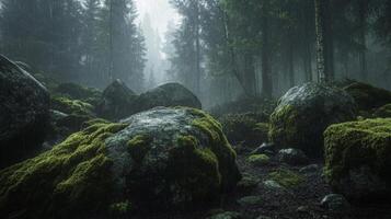 Rain-soaked Mossy Boulders in a Misty Forest photo