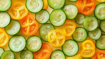 Sliced Cucumbers and Tomatoes Arranged in a Pattern photo