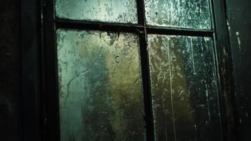Close-up of a Dirty and Weathered Window Pane with Black Frames photo
