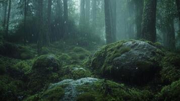 Rain-Soaked Mossy Forest Floor with Large Rocks photo