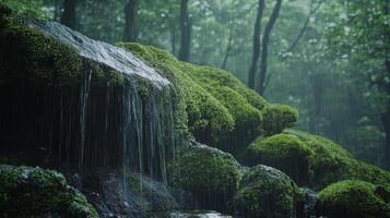 Mossy Rocks and Waterfall in Raining Forest photo