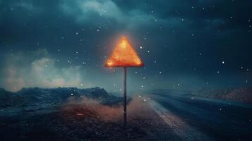 A Glowing Triangle Warning Sign on a Dark Road photo