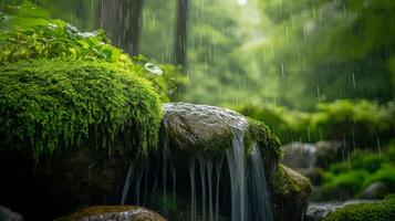 Moss-Covered Rocks with a Cascading Stream Under Rain photo
