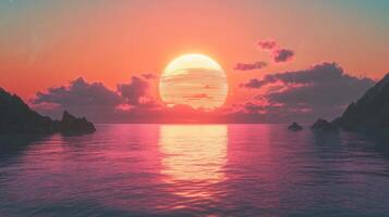 Digital Sunset Over a Still Ocean with Mountains and Stars photo