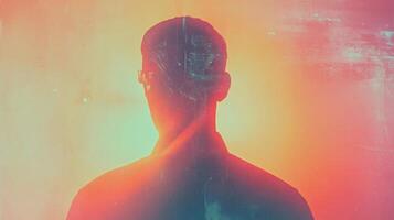 A Silhouette of a Man with Glasses Against a Blurry Background with Warm Colors photo