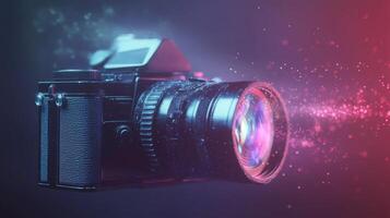 A vintage camera with a large lens and a blurred background of light. photo