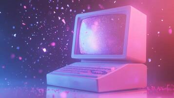Retro Computer with Glittering Screen and Falling Confetti photo