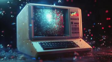 Retro Computer with Glittering Screen and Falling Particles photo