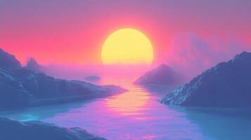 A Bright Yellow Sun Setting Over Misty Rock Formations in a Pink and Blue Sky photo