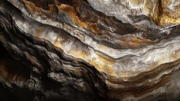 Close-up of layered rock formations in a cave, showing rich colors and textures. photo